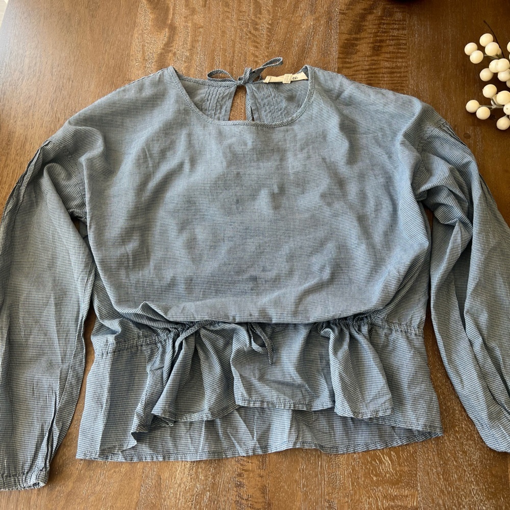 Madewell Blue Gingham Long Sleeve Blouse with Ruffle Tie Hem